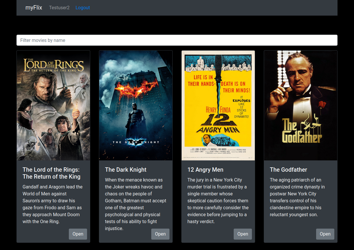 Screenshot of a movie database project, depicting several movies with images and descriptions
