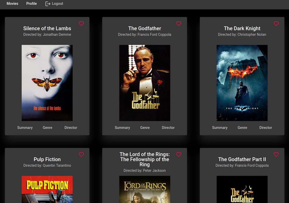 Screenshot of a movie database project, depicting several movies with images and descriptions