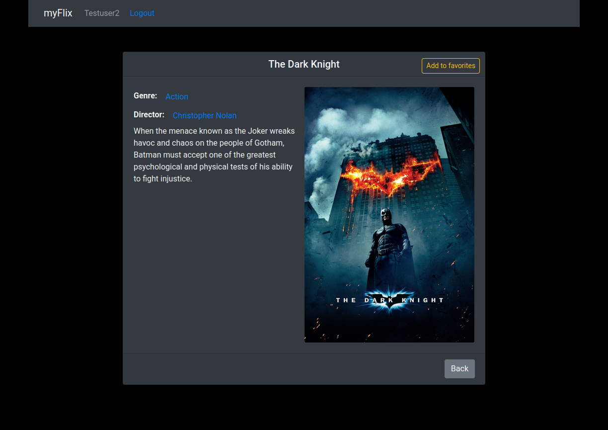 Screenshot of the web application myflix, depicting a movie view with information about a single movie